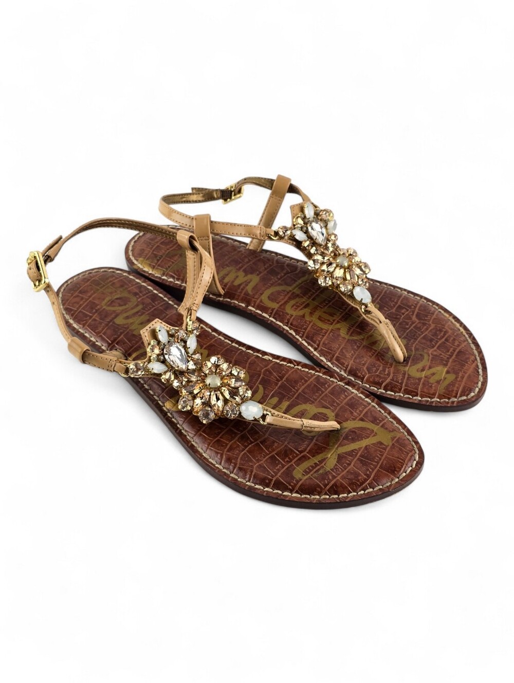 Sam Edelman Grayson Cognac Croc Crystal Embellished Thong Sandals 8M